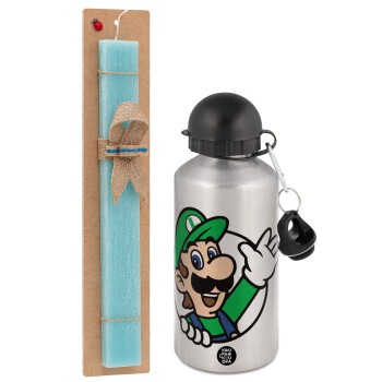 Super mario Luigi win, Easter Set, metallic silver aluminum water bottle (500ml) & scented flat Easter candle (30cm) (TURQUOISE)