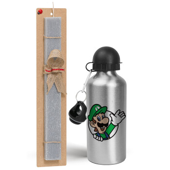 Super mario Luigi win, Easter Set, metallic silver aluminum water bottle (500ml) & aromatic flat Easter candle (30cm) (GRAY)