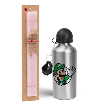 Super mario Luigi win, Easter Set, metallic Silver aluminum water bottle (500ml) & scented flat Easter candle (30cm) (PINK)