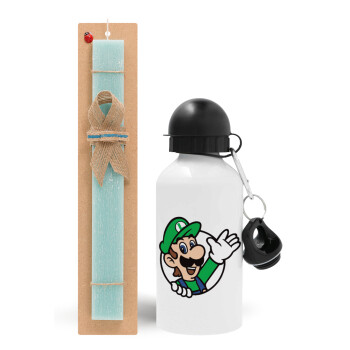 Super mario Luigi win, Easter Set, metallic aluminum water bottle (500ml) & scented flat candle (30cm) (TURQUOISE)