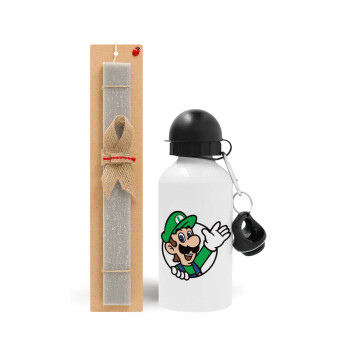 Super mario Luigi win, Πασχαλινή Λαμπάδα με παγούρι μεταλλικό  αλουμινίου (500ml) & κερί αρωματικό πλακέ (30cm) (ΓΚΡΙ)