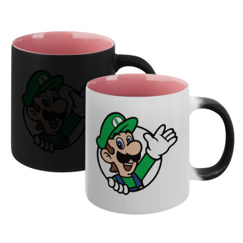Super mario Luigi win, Κούπα Μαγική εσωτερικό ΡΟΖ, κεραμική 330ml που αλλάζει χρώμα με το ζεστό ρόφημα