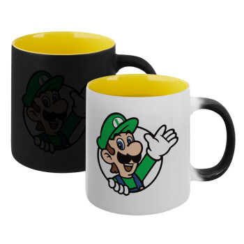 Super mario Luigi win, Κούπα Μαγική εσωτερικό κίτρινη, κεραμική 330ml που αλλάζει χρώμα με το ζεστό ρόφημα