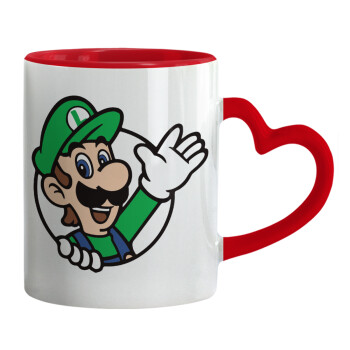 Super mario Luigi win, Κούπα καρδιά χερούλι κόκκινη, κεραμική, 330ml