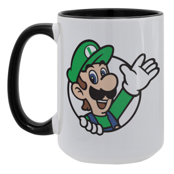 Super mario Luigi win, Κούπα Mega 15oz, κεραμική Μαύρη, 450ml