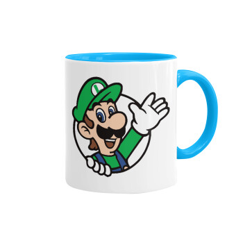 Super mario Luigi win, Κούπα χρωματιστή γαλάζια, κεραμική, 330ml