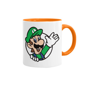 Super mario Luigi win, Κούπα χρωματιστή πορτοκαλί, κεραμική, 330ml