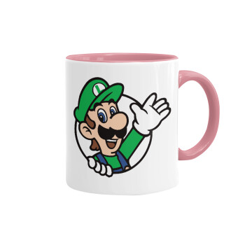 Super mario Luigi win, Κούπα χρωματιστή ροζ, κεραμική, 330ml