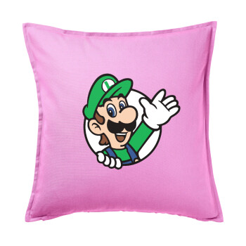 Super mario Luigi win, Μαξιλάρι καναπέ ΡΟΖ 100% βαμβάκι, περιέχεται το γέμισμα (50x50cm)