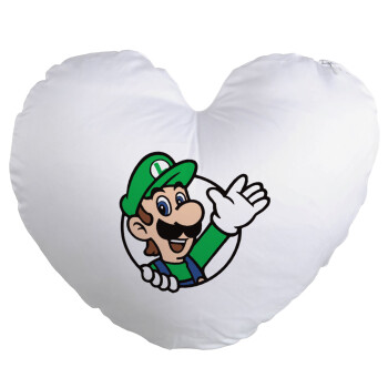 Super mario Luigi win, Μαξιλάρι καναπέ καρδιά 40x40cm περιέχεται το  γέμισμα