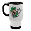 Super mario Luigi win, Κούπα ταξιδιού ανοξείδωτη με καπάκι, διπλού τοιχώματος (θερμό) λευκή 450ml