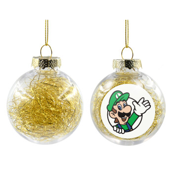 Super mario Luigi win, Χριστουγεννιάτικη μπάλα δένδρου διάφανη με χρυσό γέμισμα 8cm