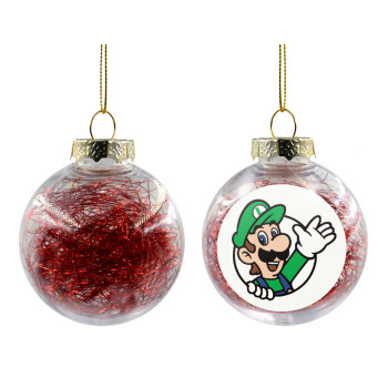 Super mario Luigi win, Χριστουγεννιάτικη μπάλα δένδρου διάφανη με κόκκινο γέμισμα 8cm