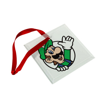 Super mario Luigi win, Χριστουγεννιάτικο στολίδι γυάλινο τετράγωνο 9x9cm