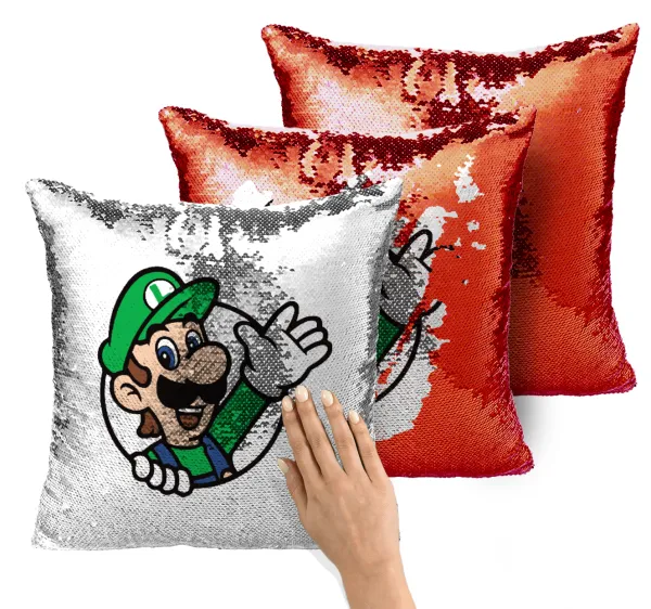 Super mario Luigi win — Magic sofa cushion with red sequins, 40x40cm, filling included