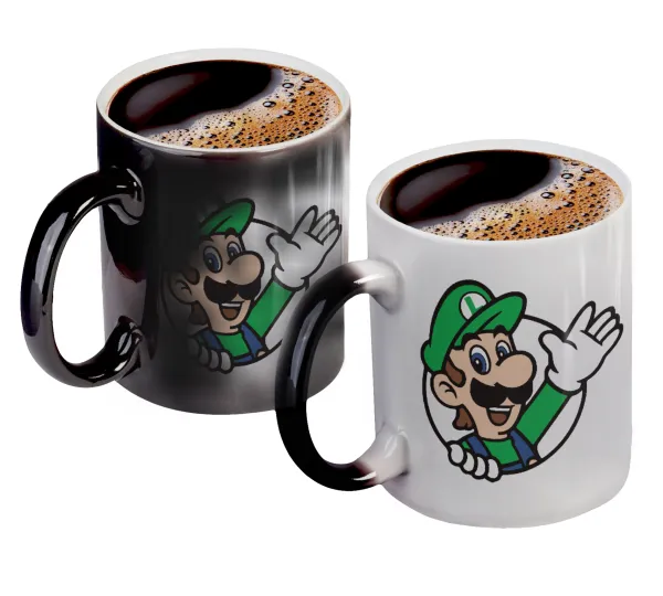 Super mario Luigi win — Color changing magic Mug, ceramic, 330ml when adding hot liquid inside, the black colour desappears (1 pcs)