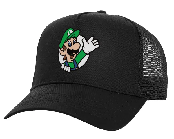 Super mario Luigi win — Structured Trucker Adult Hat, with Mesh, Black (100% COTTON, ADULT, UNISEX, ONE SIZE)