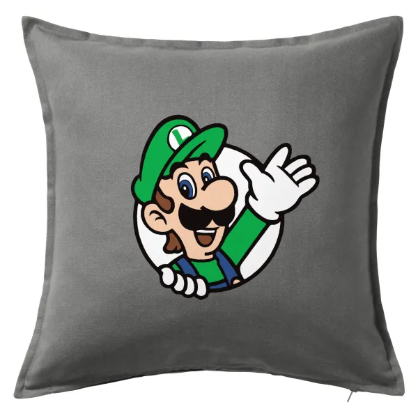 Super mario Luigi win — Μαξιλάρι καναπέ Γκρι 100% βαμβάκι, περιέχεται το γέμισμα (50x50cm)