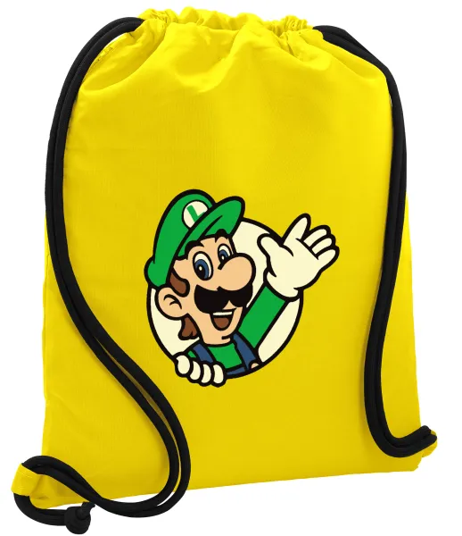 Super mario Luigi win — Τσάντα πλάτης πουγκί GYMBAG Κίτρινη, με τσέπη (40x48cm) & χονδρά κορδόνια
