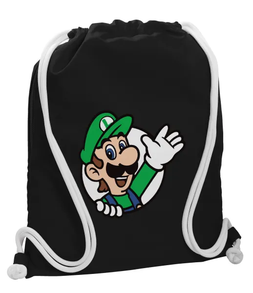Super mario Luigi win — Backpack pouch GYMBAG Black, with pocket (40x48cm) & thick white cords