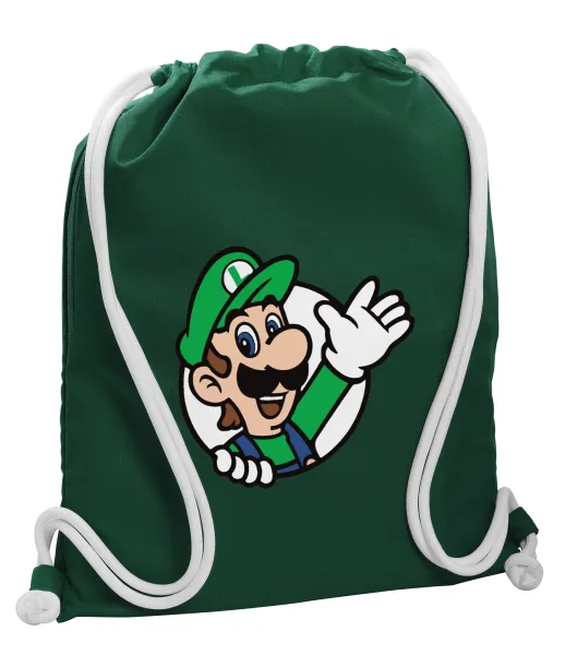 Super mario Luigi win — Backpack pouch GYMBAG BOTTLE GREEN, with pocket (40x48cm) & thick white cords