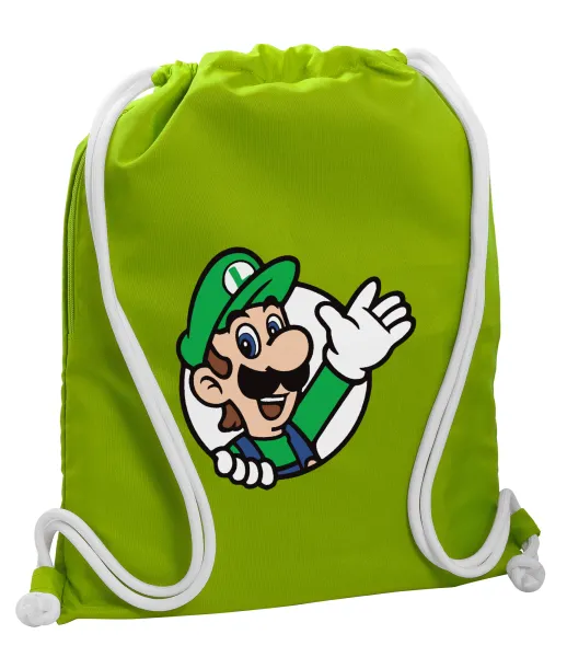 Super mario Luigi win — Backpack bag GYMBAG LIME GREEN, with pocket (40x48cm) & thick cords