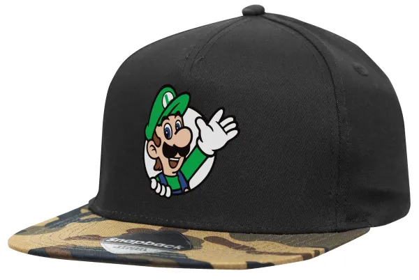 Super mario Luigi win — Adult Flat Snapback Hat Black/Camouflage, (100% COTTON TWILL, ADULT, UNISEX, ONE SIZE)