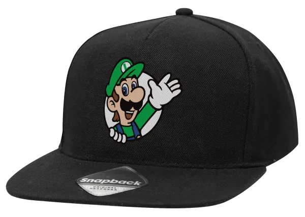 Super mario Luigi win — Adult Flat Snapback Hat Black, (100% COTTON TWILL, ADULT, UNISEX, ONE SIZE)