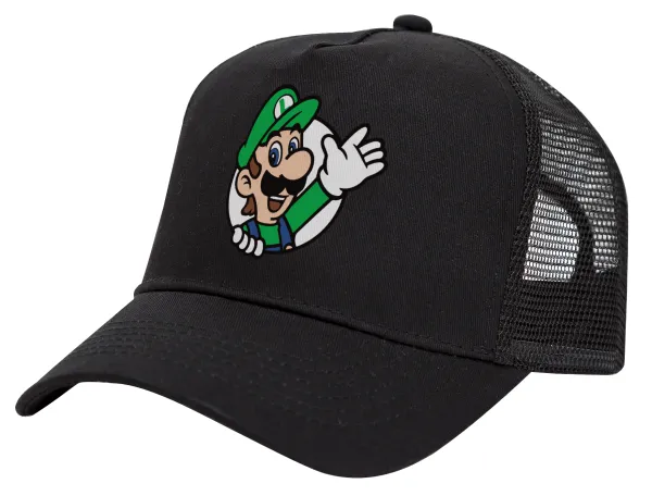 Super mario Luigi win — Trucker Hat with Mesh, Black, (COTTON, KIDS, UNISEX, ONE SIZE)