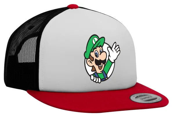Super mario Luigi win — Adult Foam Flat Snapback with Mesh Red-White-Black (POLYESTER, ADULT, UNISEX, ONE SIZE)