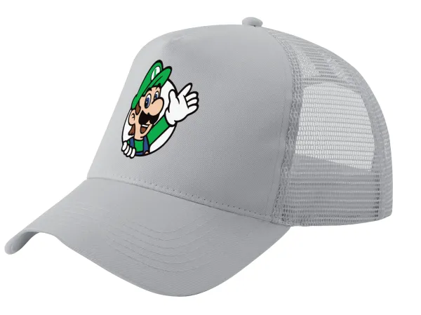 Super mario Luigi win — Adult Structured Trucker Hat, with Mesh, GRAY (100% COTTON, ADULT, UNISEX, ONE SIZE)