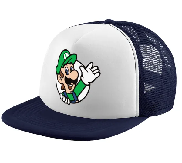 Super mario Luigi win — Adult Soft Trucker Hat with Dark Blue/White Mesh (POLYESTER, ADULT, UNISEX, ONE SIZE)