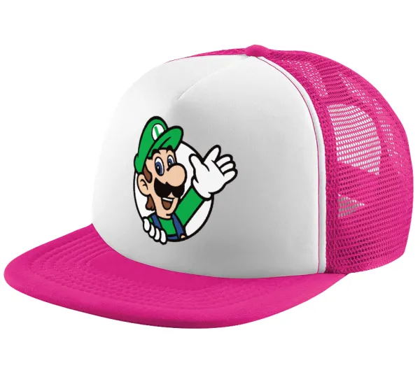 Super mario Luigi win — Adult Soft Trucker Hat with Pink/White Mesh (POLYESTER, ADULT, UNISEX, ONE SIZE)