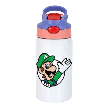 Super mario Luigi win, Παιδικό παγούρι θερμό, ανοξείδωτο, με καλαμάκι ασφαλείας, ροζ/μωβ (350ml)