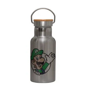 Super mario Luigi win, Μεταλλικό παγούρι θερμός (Stainless steel) Ασημένιο με ξύλινο καπακι (bamboo), διπλού τοιχώματος, 350ml