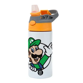 Super mario Luigi win, Children's hot water bottle, stainless steel, with safety straw, Orange/Grey (360ml) BPA-FREE