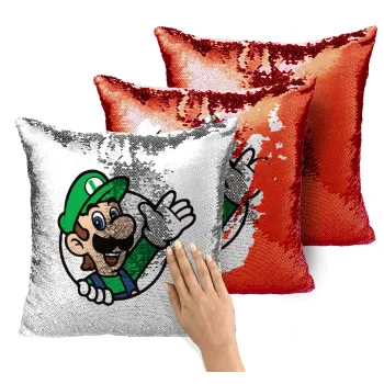 Super mario Luigi win, Μαξιλάρι καναπέ Μαγικό Κόκκινο με πούλιες 40x40cm περιέχεται το γέμισμα