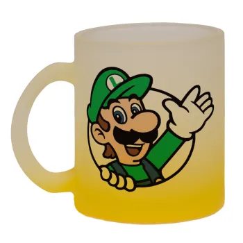 Super mario Luigi win, Κούπα γυάλινη δίχρωμη με βάση το κίτρινο ματ, 330ml