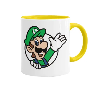 Super mario Luigi win, Κούπα χρωματιστή κίτρινη, κεραμική, 330ml