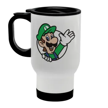 Super mario Luigi win, Stainless steel travel mug with lid, double wall white 450ml
