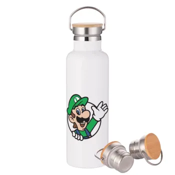 Super mario Luigi win, Stainless steel White with wooden lid (bamboo), double wall, 750ml