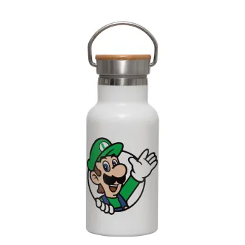 Super mario Luigi win, Μεταλλικό παγούρι θερμός (Stainless steel) Λευκό με ξύλινο καπακι (bamboo), διπλού τοιχώματος, 350ml