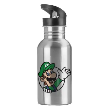 Super mario Luigi win, Water bottle Silver with straw, stainless steel 600ml