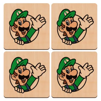Super mario Luigi win, ΣΕΤ x4 Σουβέρ ξύλινα τετράγωνα plywood (9cm)