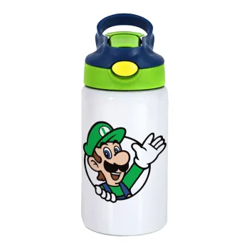 Super mario Luigi win, Children's hot water bottle, stainless steel, with safety straw, green, blue (350ml)