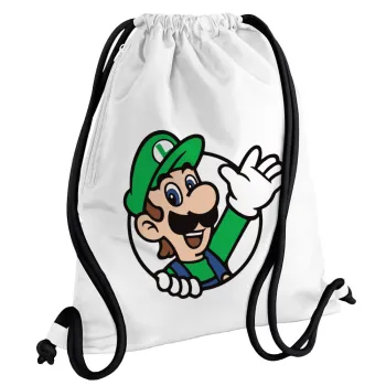 Super mario Luigi win, Backpack pouch GYMBAG white, with pocket (40x48cm) & thick cords