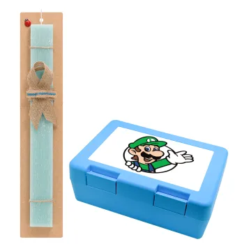 Super mario Luigi win, Easter Set, children's snack container BLUE & Easter aromatic flat candle (30cm) (TURQUOISE)