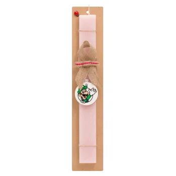 Super mario Luigi win, Πασχαλινή Λαμπάδα με ξύλινο μπρελόκ & κερί αρωματικό πλακέ (30cm) (ΡΟΖ)