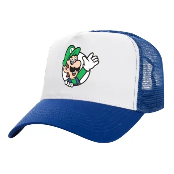 Super mario Luigi win, Adult Structured Trucker Hat, with Mesh, WHITE/BLUE (100% COTTON, ADULT, UNISEX, ONE SIZE)