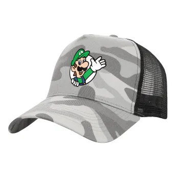 Super mario Luigi win, Adult Structured Trucker Hat, with Mesh, (Camouflage) Army Camo (100% COTTON, ADULT, UNISEX, ONE SIZE)